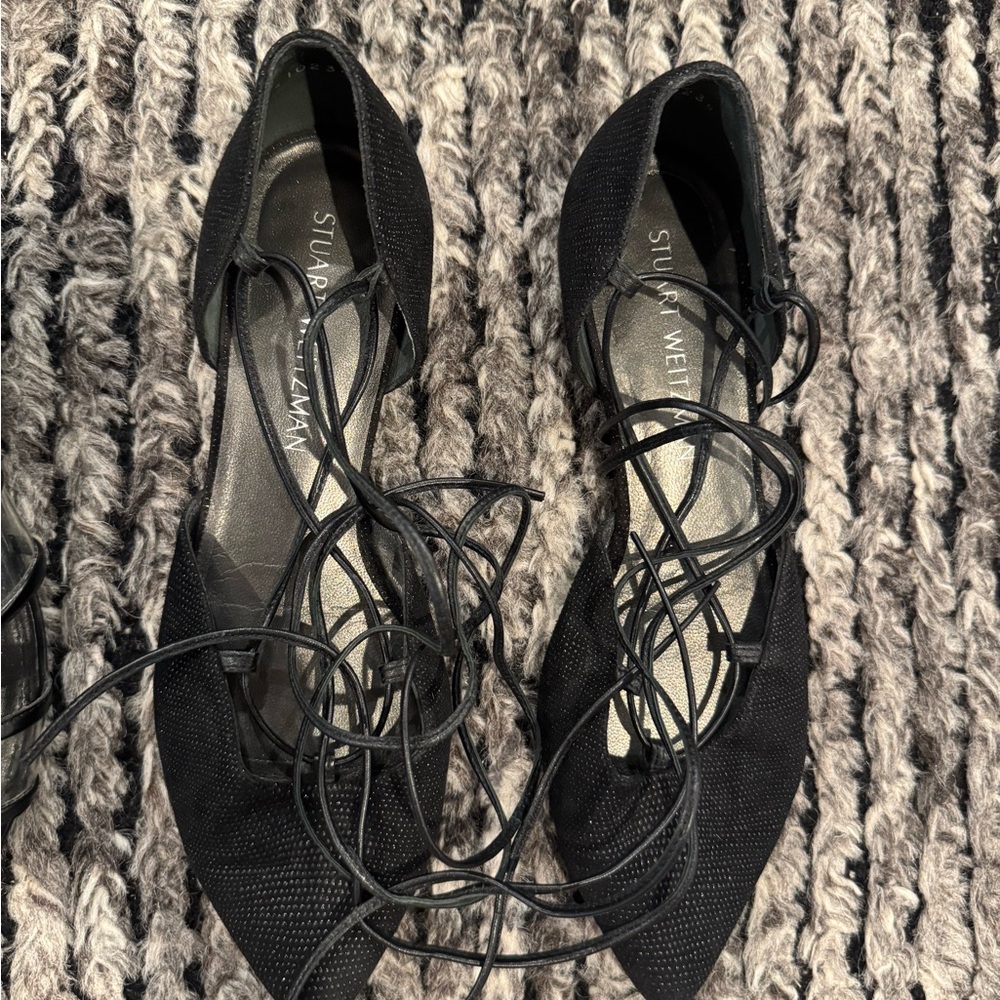 Stuart Weitzman Black Lace-Up Pointed Flats – Size 39
